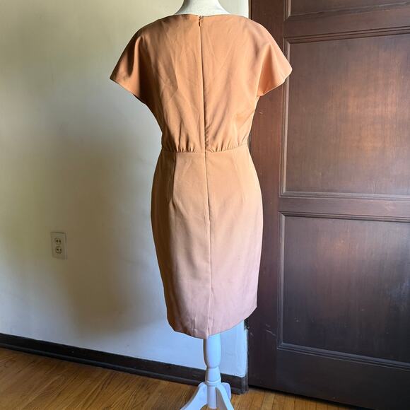 SEPTEMBER | Camel Tan Pencil Short Sleeve Midi Dress Pearl Inset Bodice | Small - Picture 4 of 5